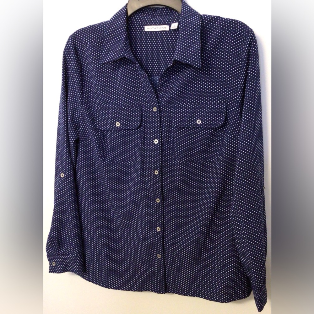 Notations blue white polka dot button down blouse size small